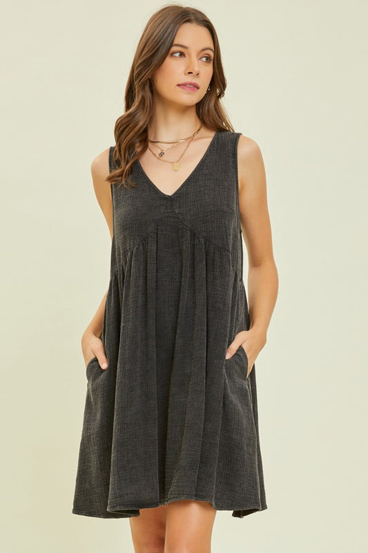 HEYSON Full Size Texture V-Neck Sleeveless Flare Mini Dress